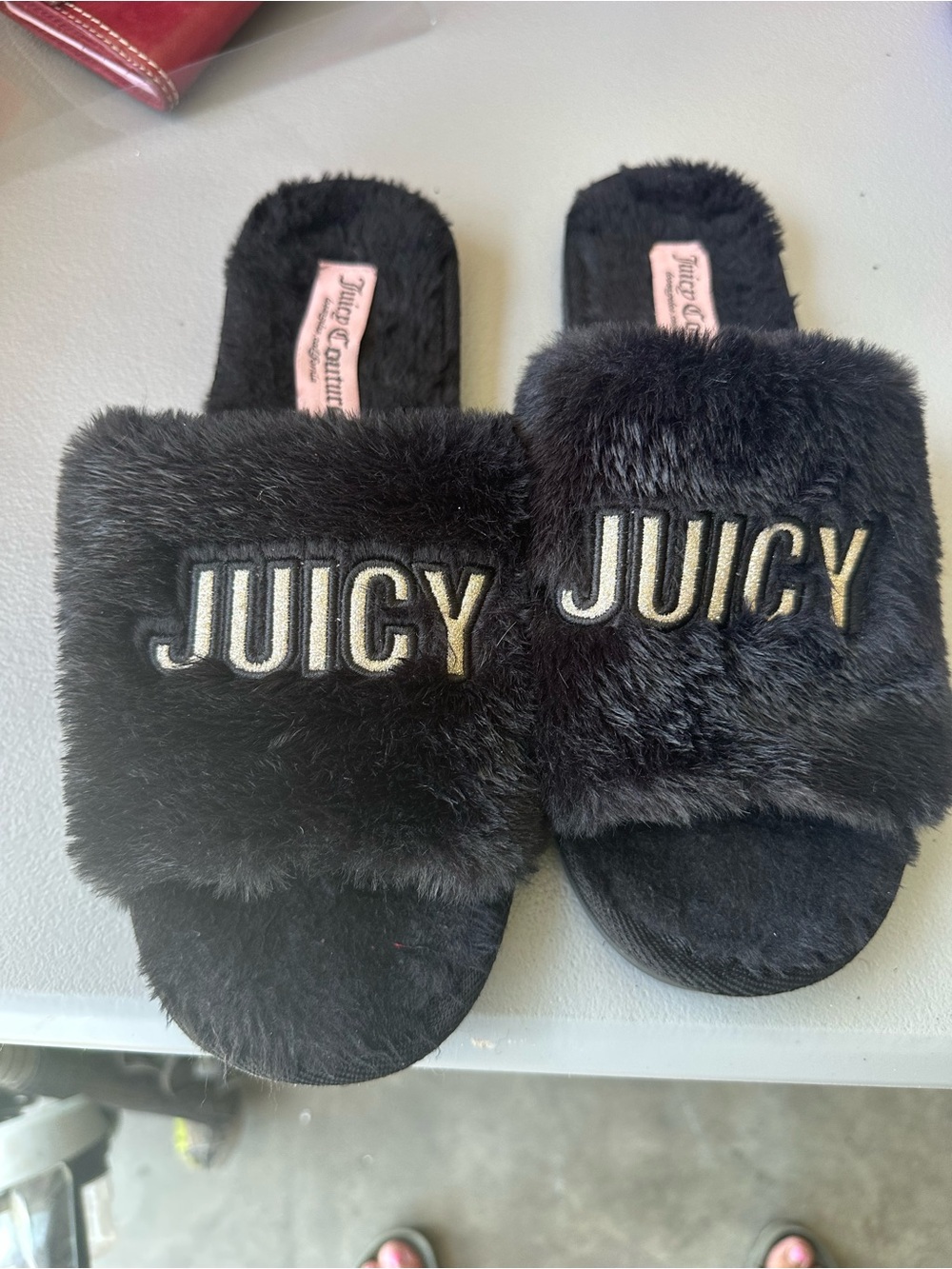 Juicy Couture Black Faux-Fur Slide Sandals with JUICY Embroidery
